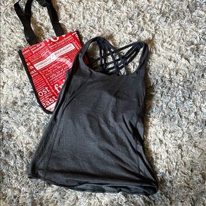 Gray Lululemon Tank top with Built in Sport bra with Red Lululemon Bag